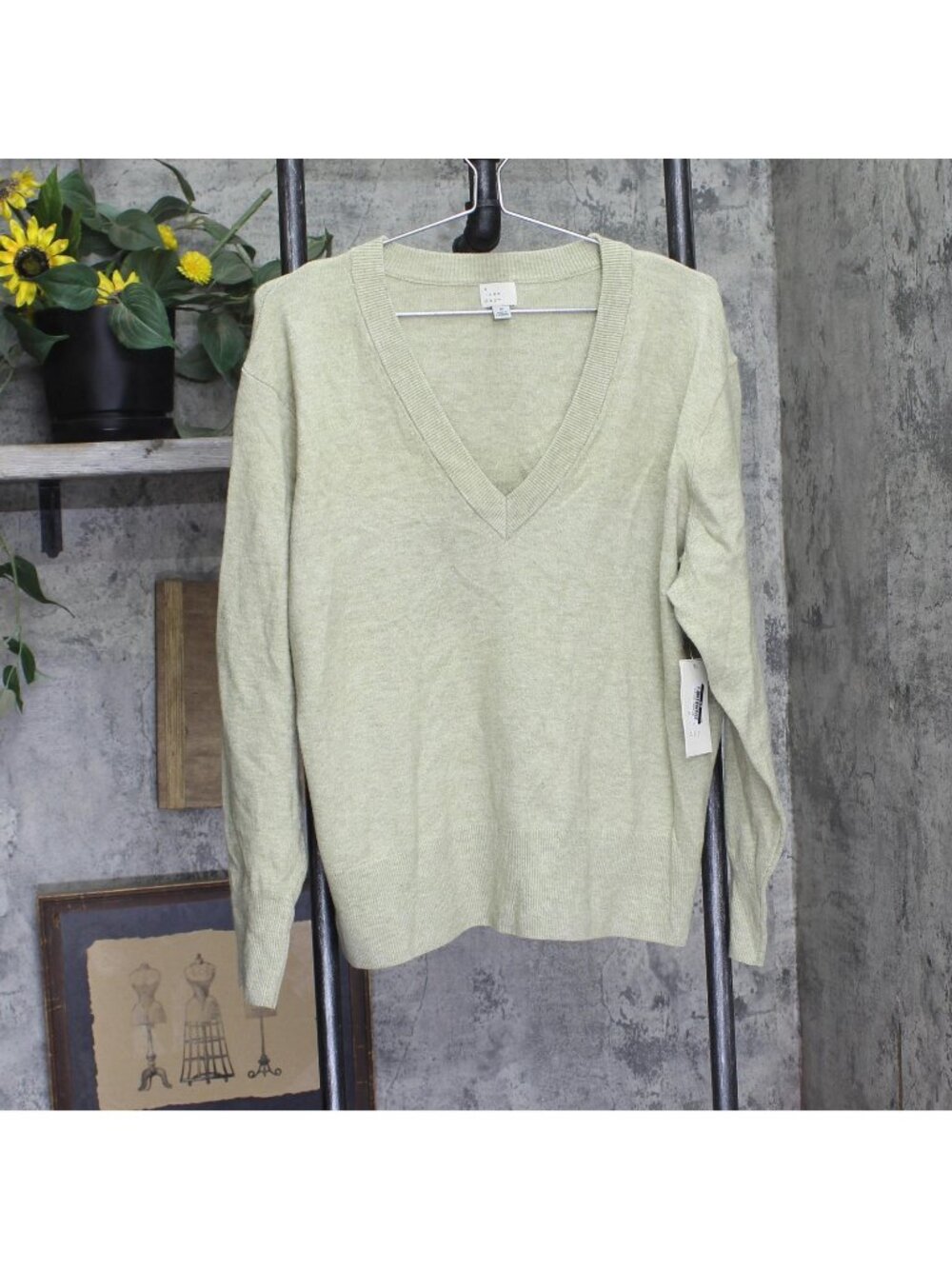 A New Day Womens Cozy Knit Relaxed V-Neck Pullover Sweater Light Green M